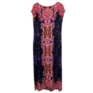 Bob Mackie Wearable Art Maxi Dress Black Purple Orange Paisley Print Cap Sleeve